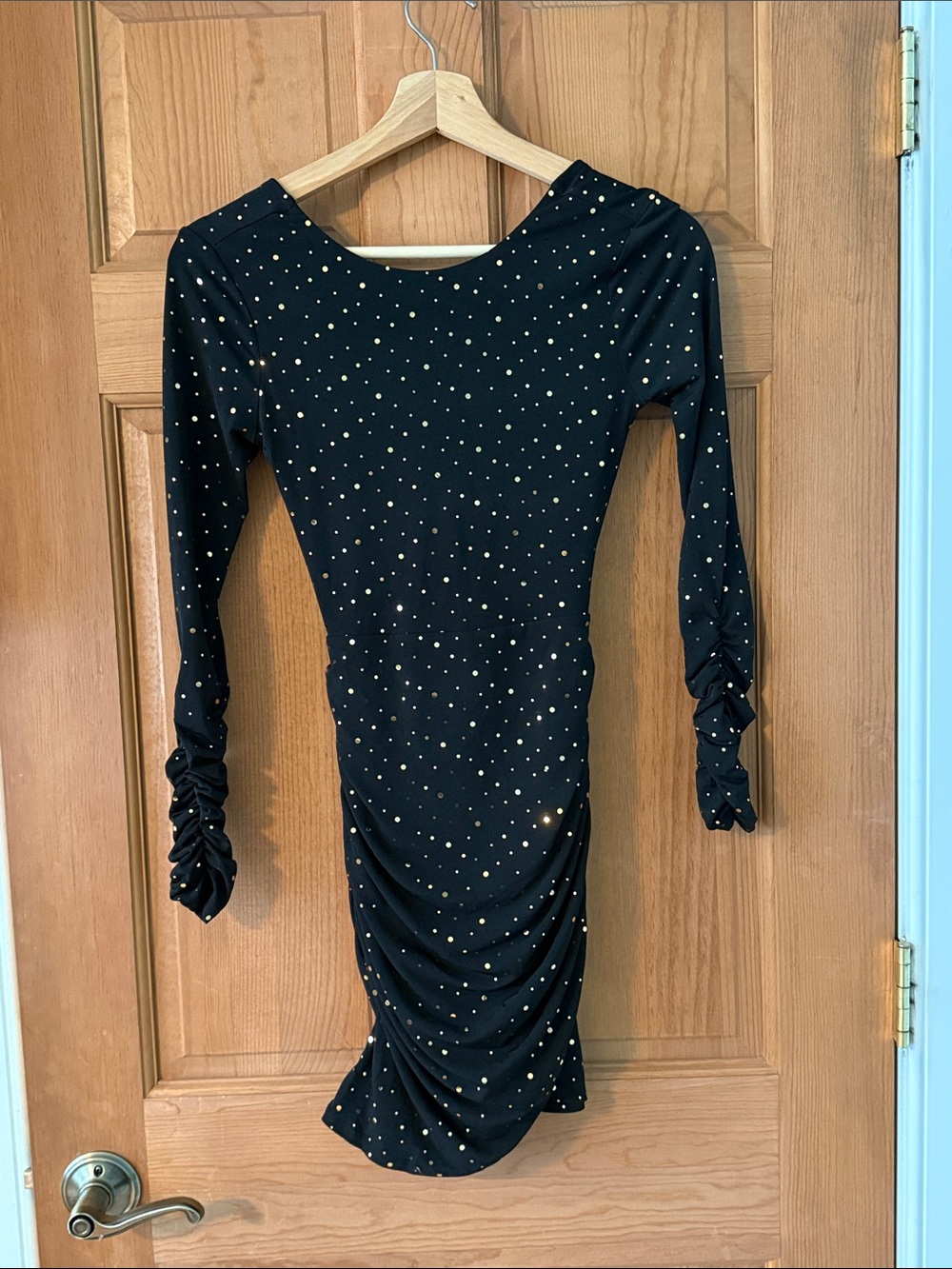 Lucy in the Sky Size Extra Small  Ruched Long-Sleeve Dress Gold Dot Accents